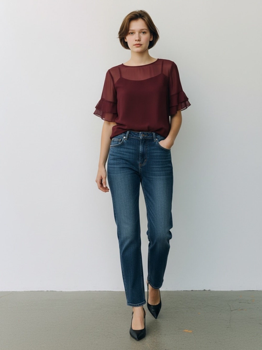 Ricki’s Short Sleeve Sheer Blouse Flowy Ruffle Sleeves Burgundy Size Small